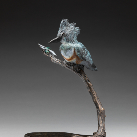 Photo of bronze sculpture of king fisher on branch next to dragon fly with granite base