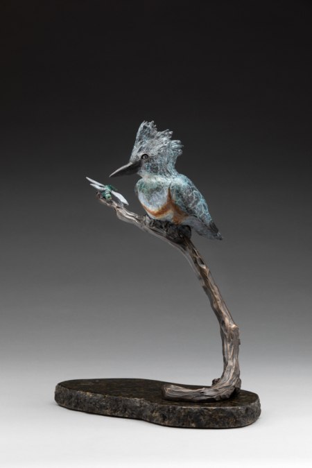 Photo of bronze sculpture of king fisher on branch next to dragon fly with granite base