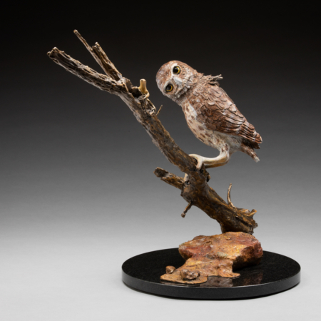 Photo of bronze Sculpture of Burrowing Owl on a branch eyeing a lizard with granite base